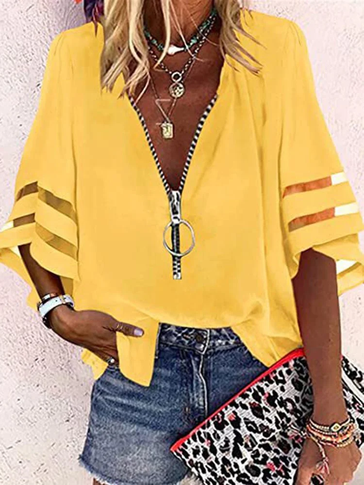 Women's Casual Lace Patchwork Flared Mesh Sleeve Zipper V-Neck Blouse T-Shirt