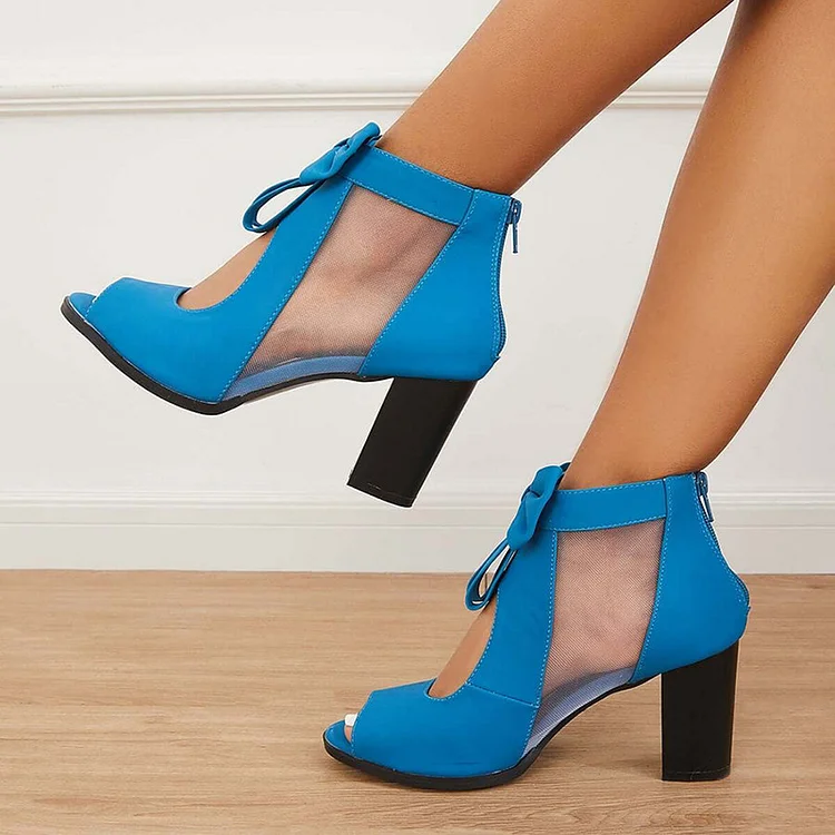 Blue Peep Toe Booties Hollow Out Bow Block Heel Ankle Boots |FSJ Shoes