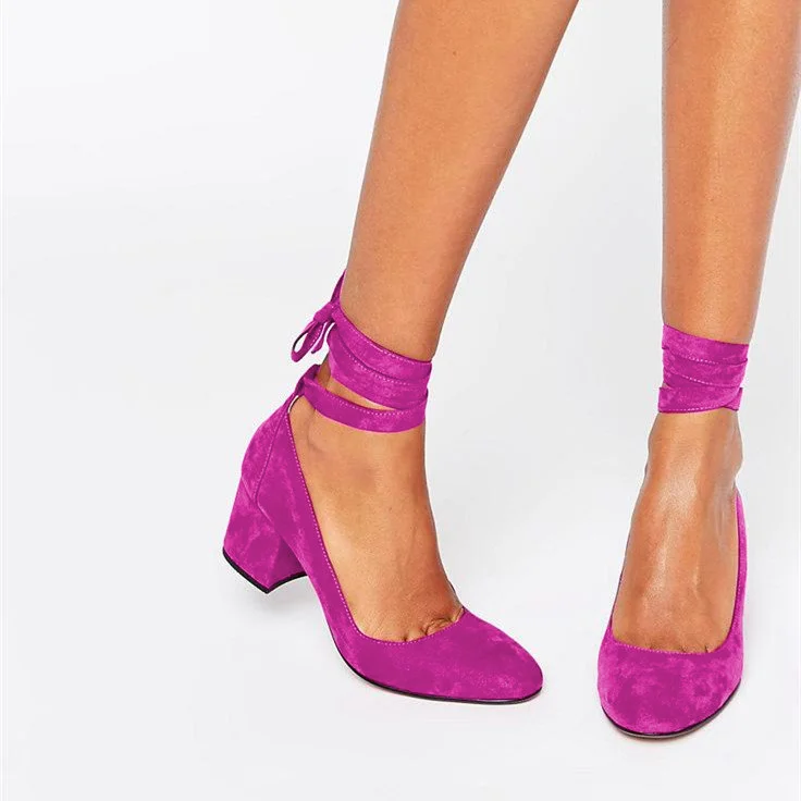 Fuchsia Vegan Suede Block Heels Round Toe Strappy Chunky Low Heel Pumps |FSJ Shoes
