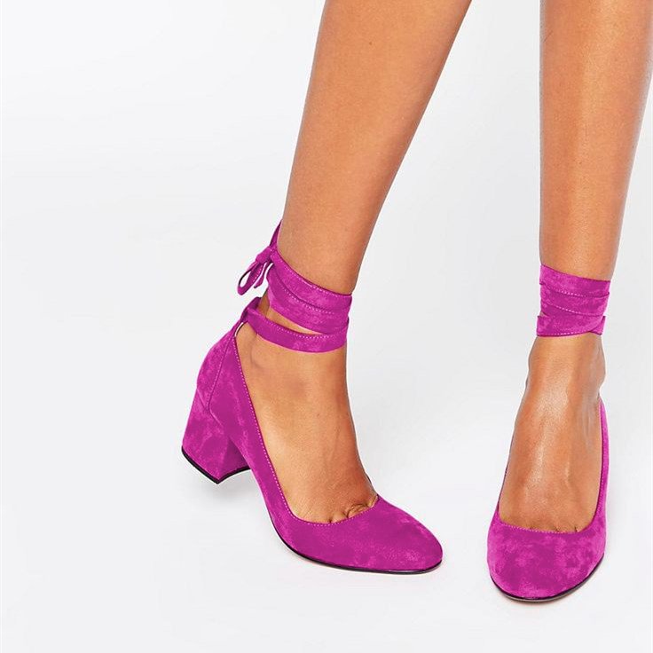 Fuchsia Suede Block Heels Round Toe Strappy Chunky Low Heel Pumps |FSJ Shoes