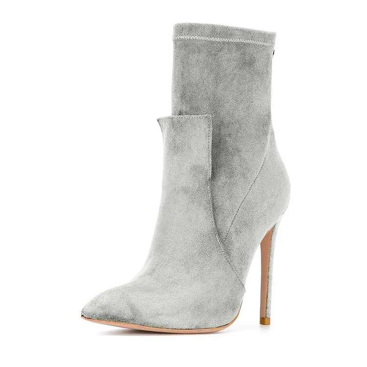 Fashion Grey Vegan Suede Pointed Toe Ankle Boots with Stiletto Heel |FSJ Shoes