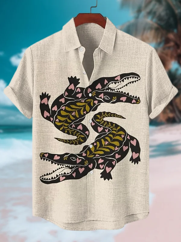 Men's Crocodile Pattern Art Print Short Sleeve Vacation Shirt