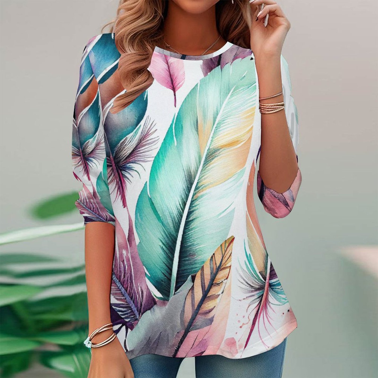 Women Long Sleeve V-neck Graphic Floral Printed Top