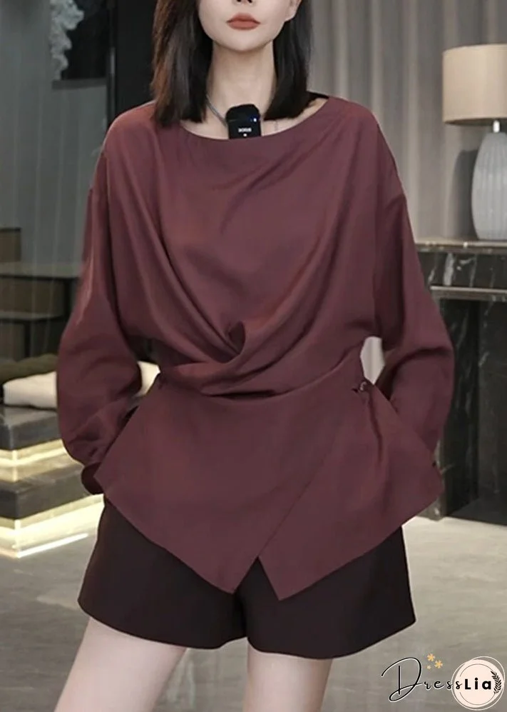 Organic Rust O Neck Front Open Cotton Shirts Top Fall