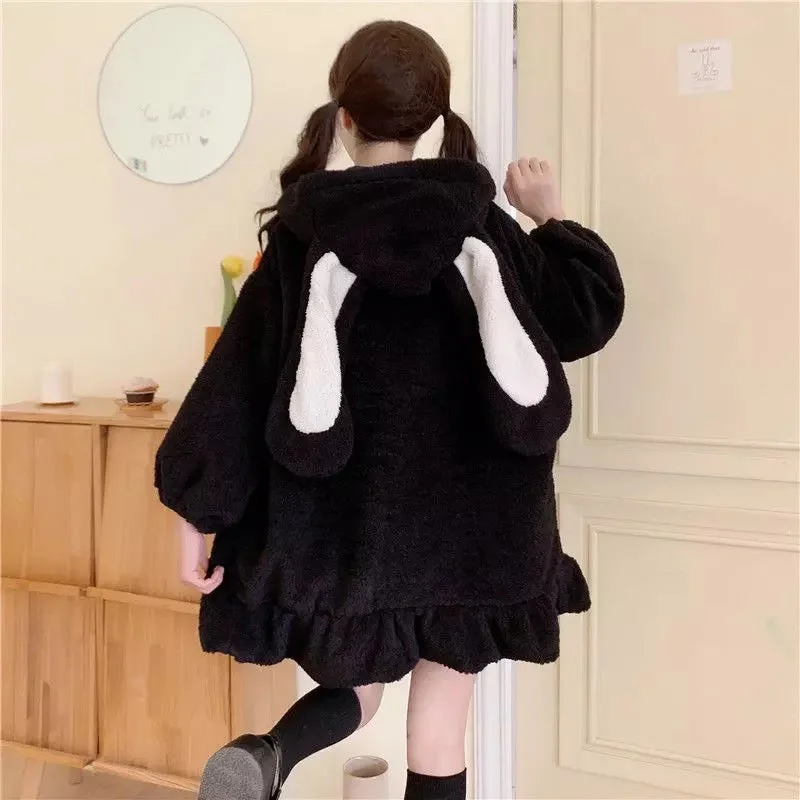 Girl Kawaii Aesthetic Fuzzy White Bunny Ear Zipper Coat Novameme