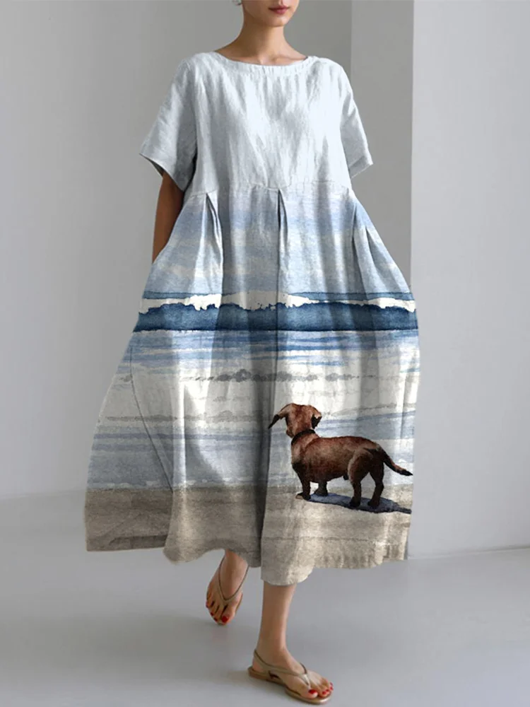 Dachshund Dog Ocean Wave Art Print Linen Blend Dress