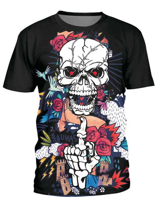 Skull 3d Printed Round Neck Loose T-shirt
