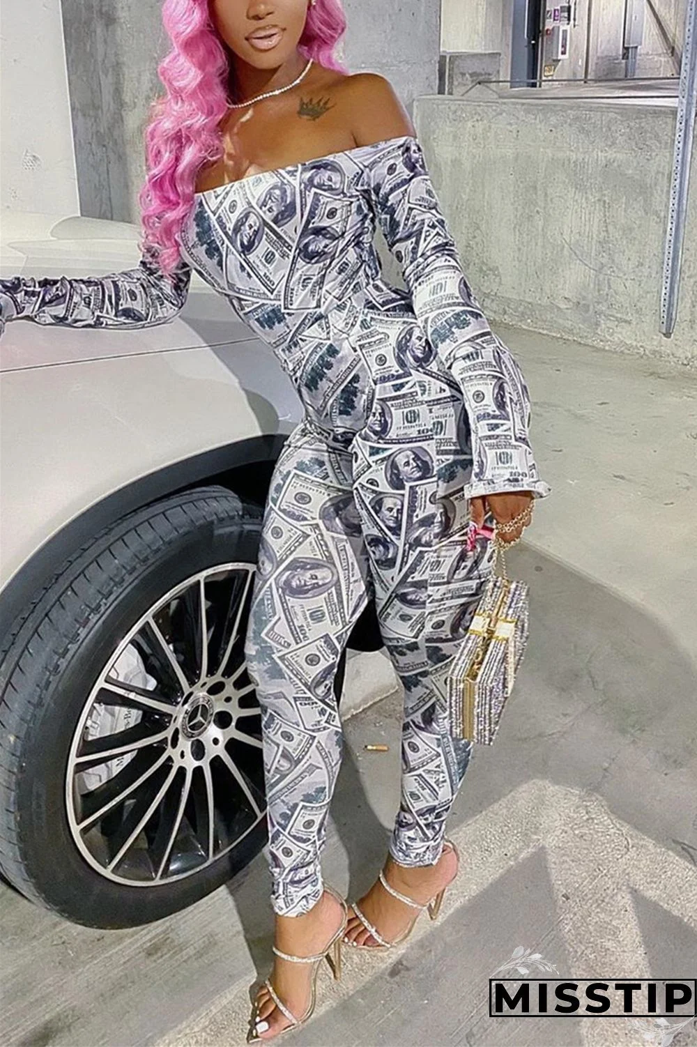 Gray Fashion Sexy Long Sleeve Bateau Neck Off The Shoulder Regular Print Two Pieces