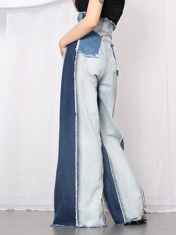 Casual Wide Leg Roomy High-Waisted Contrast Color Split-Joint Jean Pants Bottoms