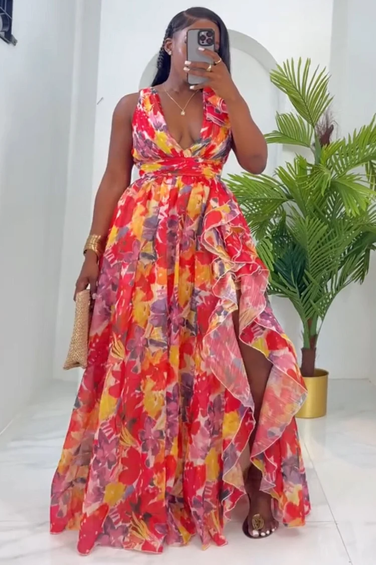 V Neck Sleeveless Floral Print Ruffle Slit Vacay Maxi Dresses-Red [Pre Order]