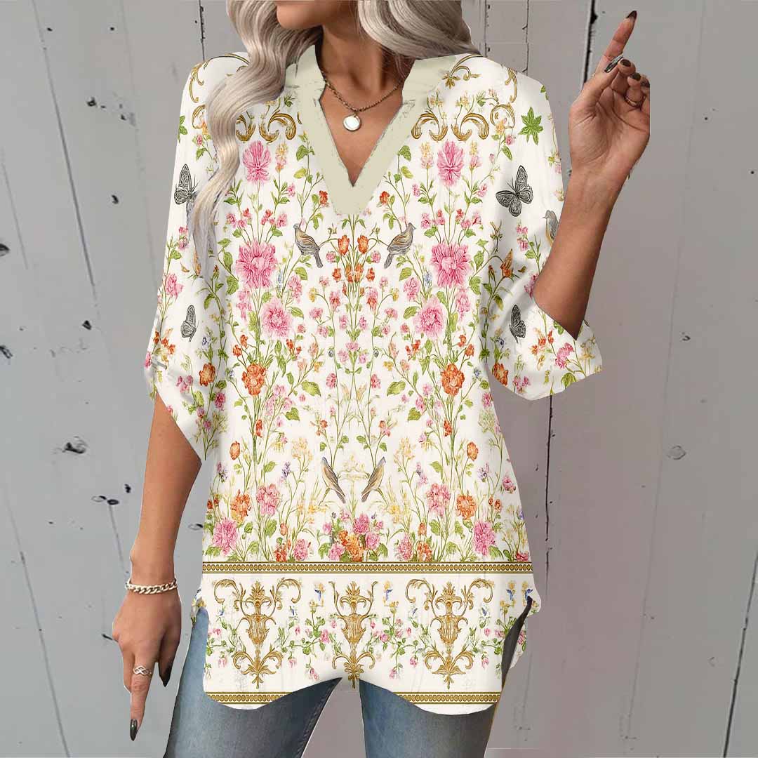 Women Floral, Pink, Green DZGA0181 3/4 Sleeve V-neck Printed Graphic Button Tops