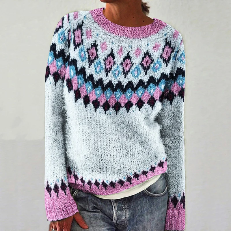 Fairman Island Geometric Contrast Crew Neck Sweater
