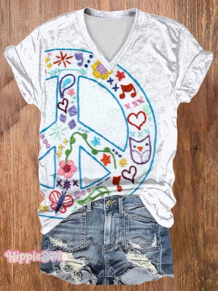 Women’s Vintage Peace Art Print V Neck T-Shirt As Shown / S