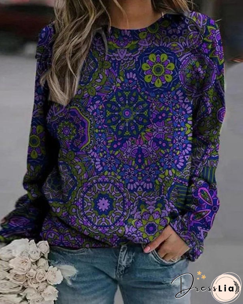 Round Neckline Vintage Print Casual Loose Regular Sweatshirt