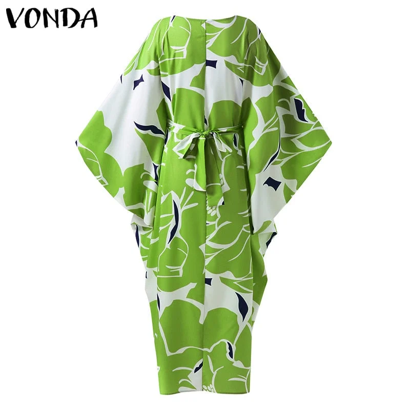 VONDA 2022 Summer Casual Round Neck Bat- Sleeve Dress Women Vintage Printed Vestidos With Belt Loose Elegant Sundress Longue
