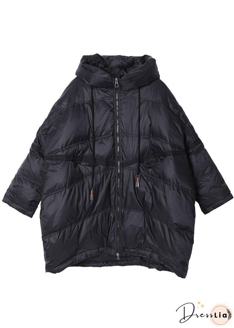 Women Black Hooded drawstring Duck Down Down Jacket Winter