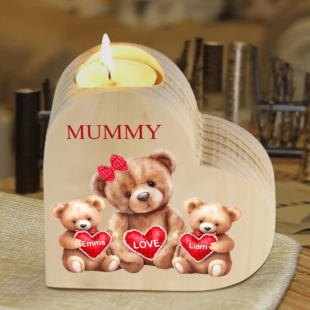 Personalised 2 Names & 1 Text Candle Holder Teddy Bear Wooden Candlestick Gifts for Grandma/Mother-Jessemade AU