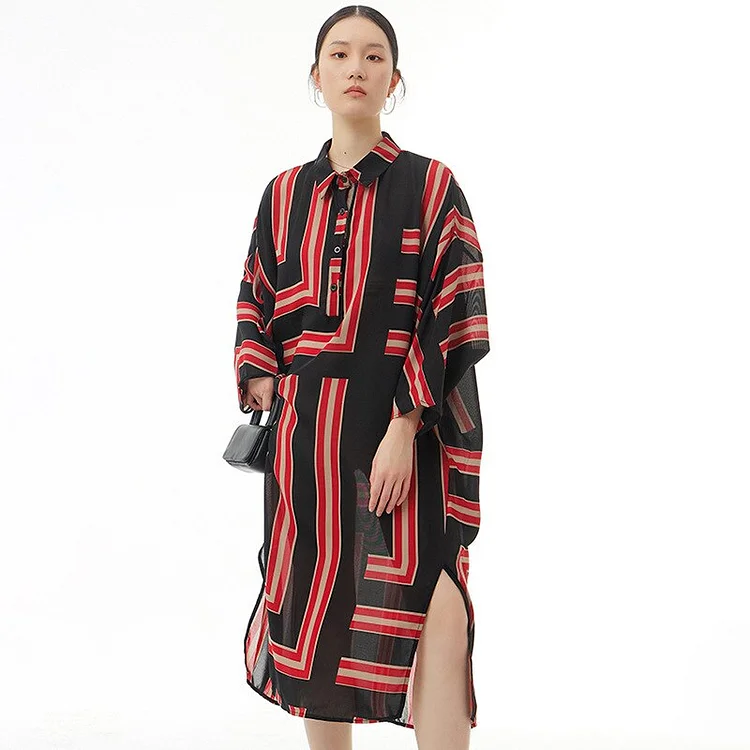 Elegant Loose Contrast Color Striped Batwing Sleeve Split Hem Dress