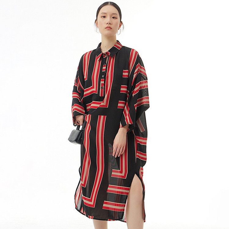 Elegant Loose Contrast Color Striped Batwing Sleeve Split Hem Dress      