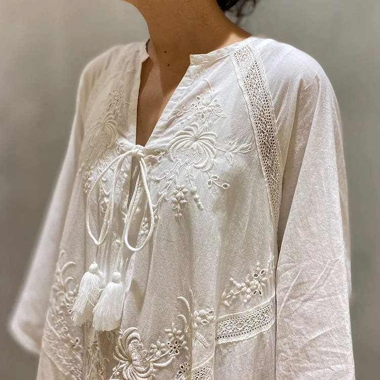 Embroidered White Long Sleeve Boho Dress