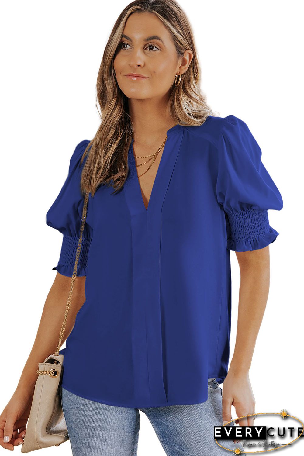 Blue Solid Color Half Sleeve V Neck Blouse