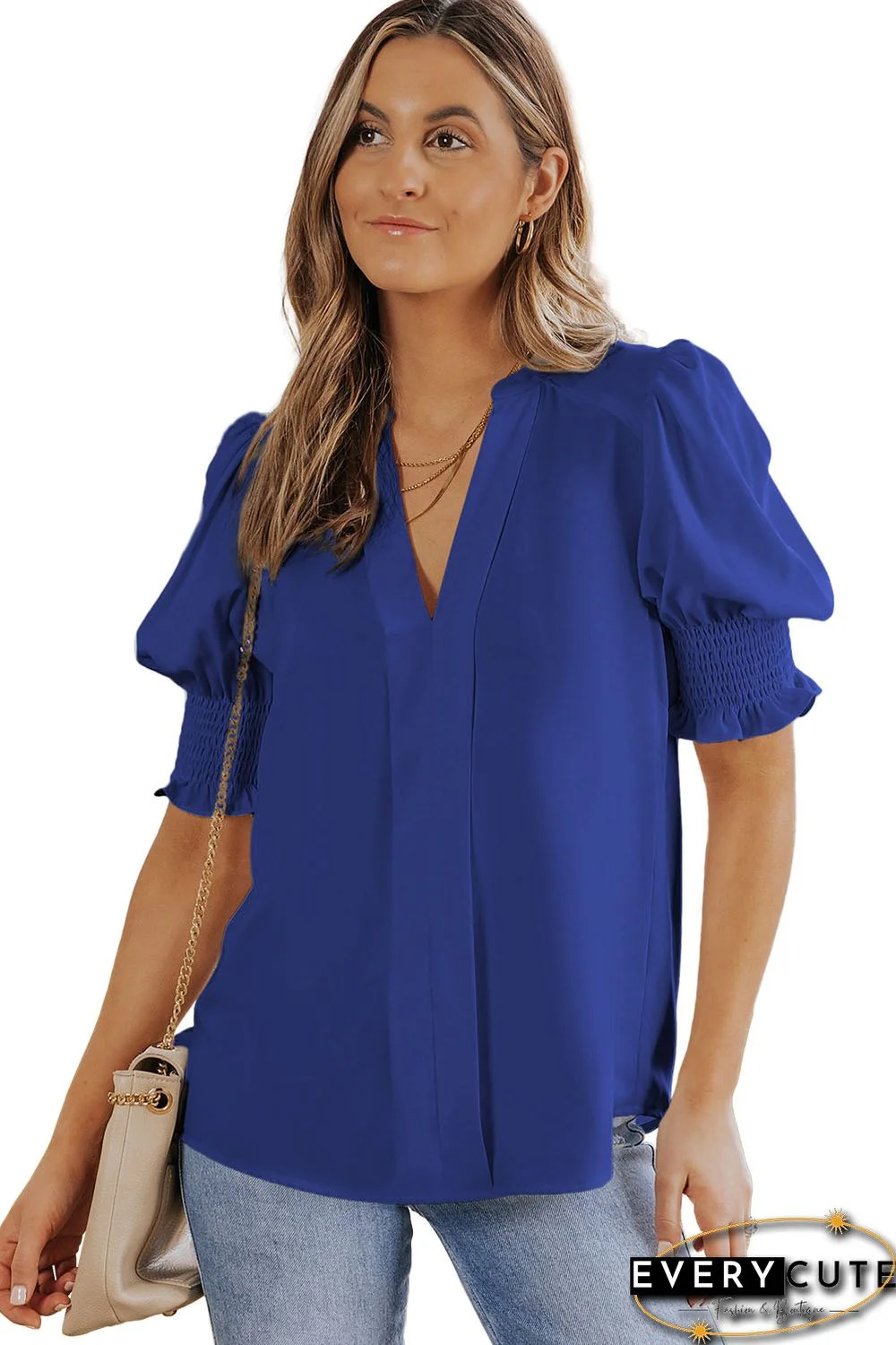 Blue Solid Color Half Sleeve V Neck Blouse