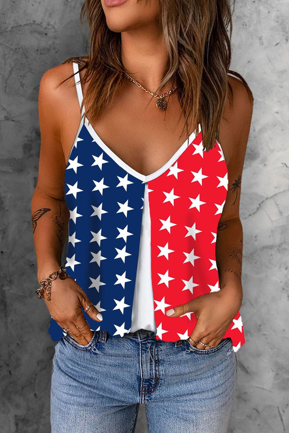 American Flag Patriotic Independence Day Star V Neck Cami Top