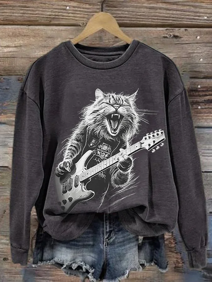 Retro Rock Guitar Cat Print Sweatshirt