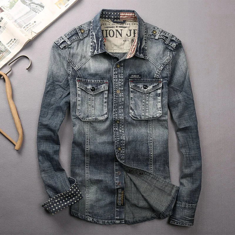 American Epaulets Distressed Denim Long Sleeve Shirt