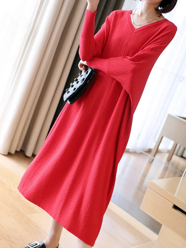 4 Colors Roomy Casual V-Neck Knitted Sweater Dress