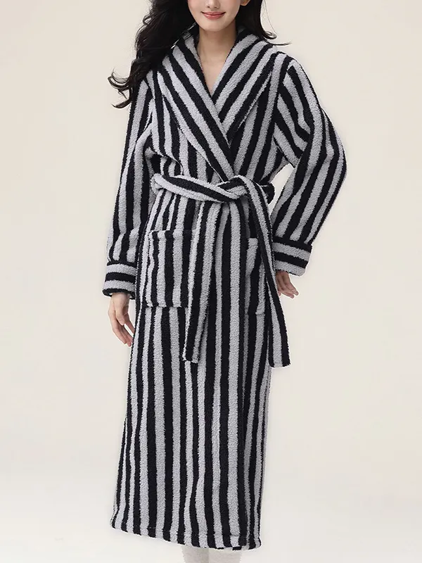 Split-Joint Striped Tied Waist Long Sleeves Loose Lapel Robes