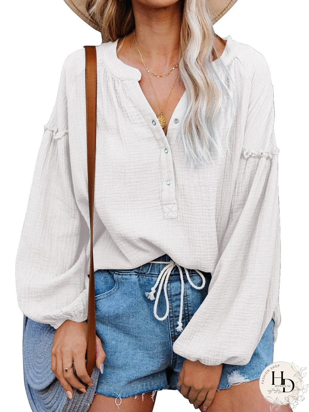 White Crinkled Casual Top with Balloon Sleeves
