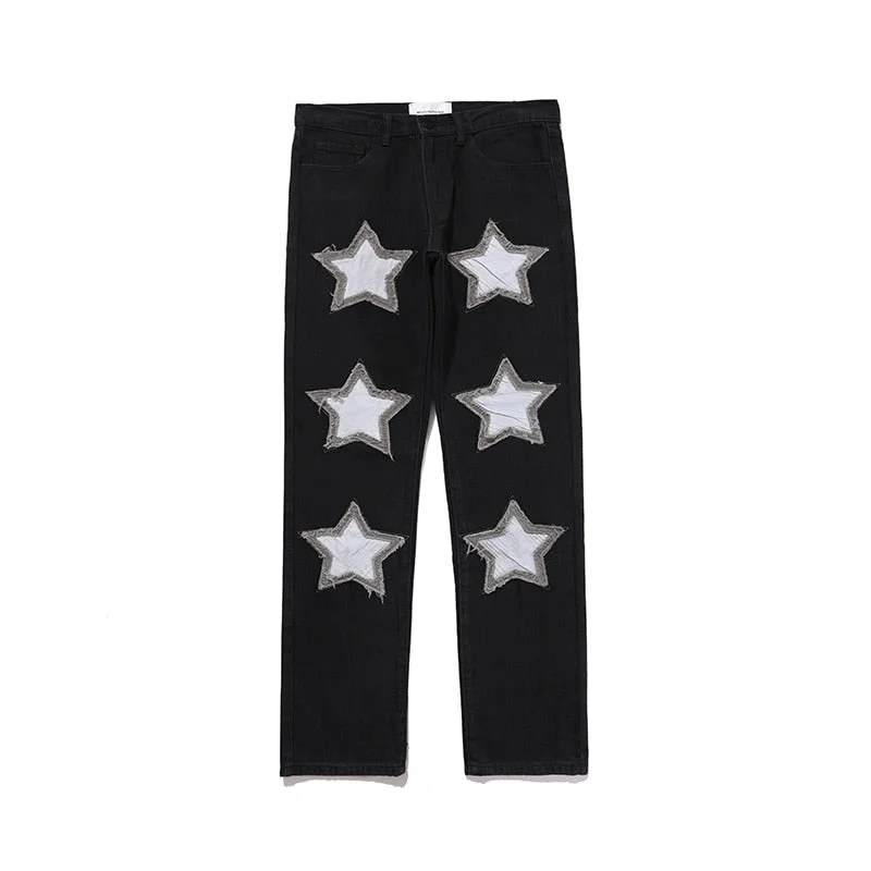 Embroidery Stars Frayed Jeans Pants Men and Women Streetwear Washed Retro Casual Denim Trousers Hip Hop Casual Baggy Pants