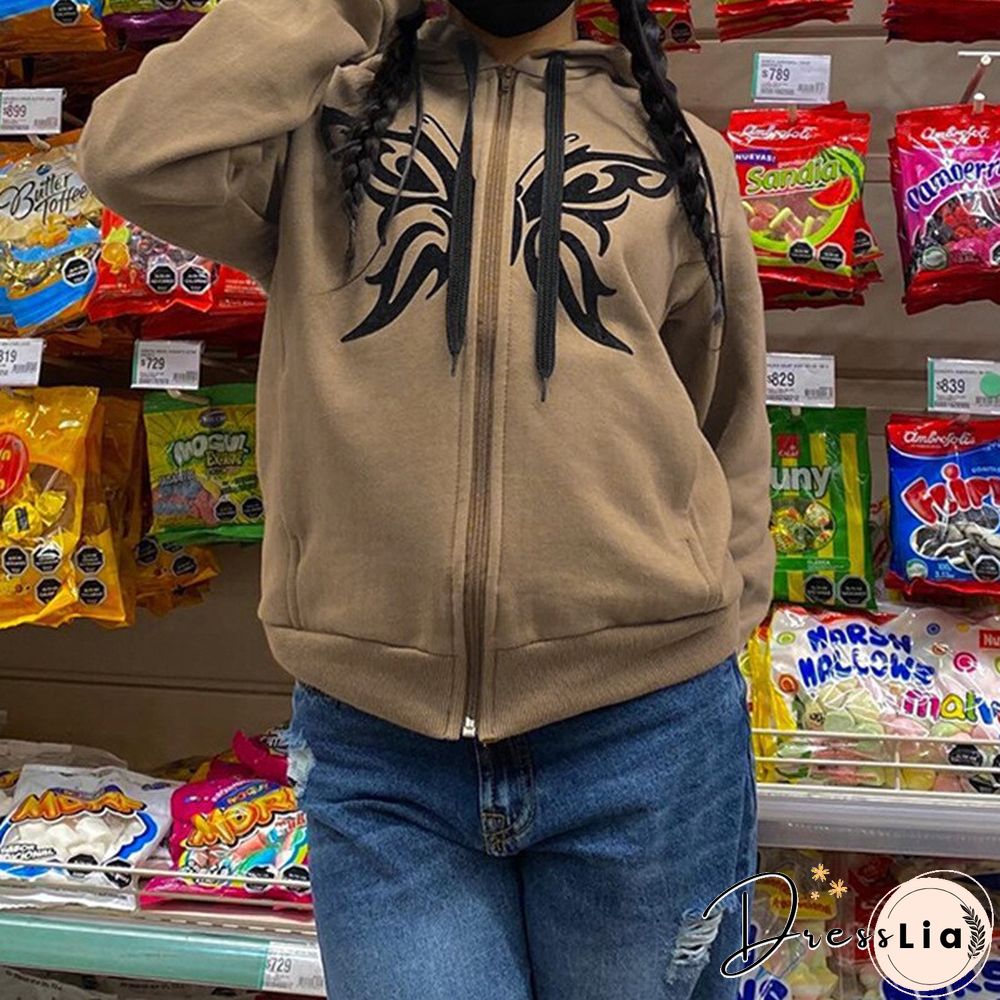 Women Butterfly Sweatshirt Y2k Aesthetic Fairycore Grunge Zip Up Long Sleeve Tops E Girl Hoodie Casual Streetwear