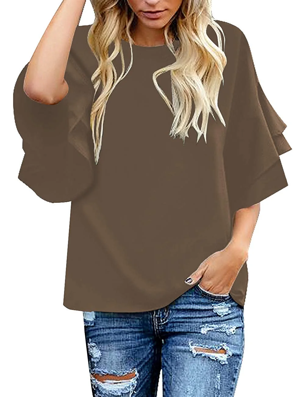 Tops Blouses Women's Casual 3/4 Tiered Bell Sleeve Crewneck Loose Tops Blouses Shirt