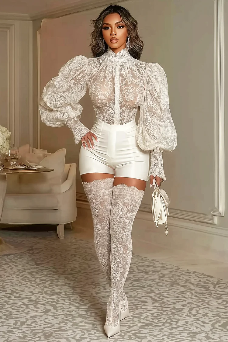 See-Through Lace Bell Sleeve Blouse Bodycon Shorts 2pcs Set-White [Pre Order]