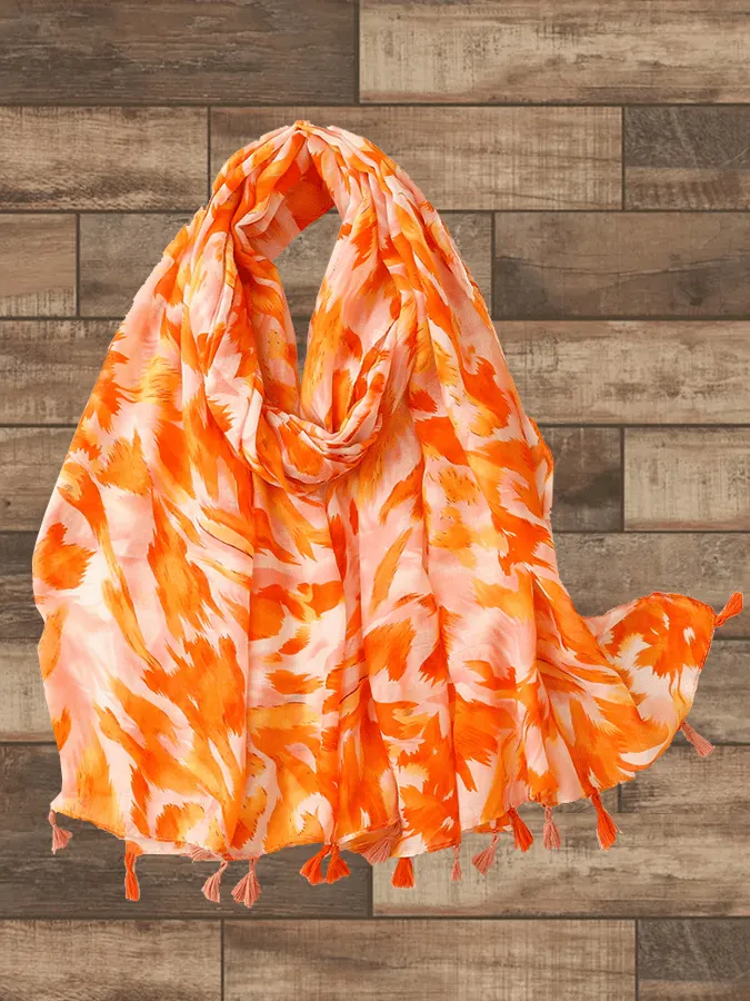 Orange Rendered Ink Painting Shawl Scarf 