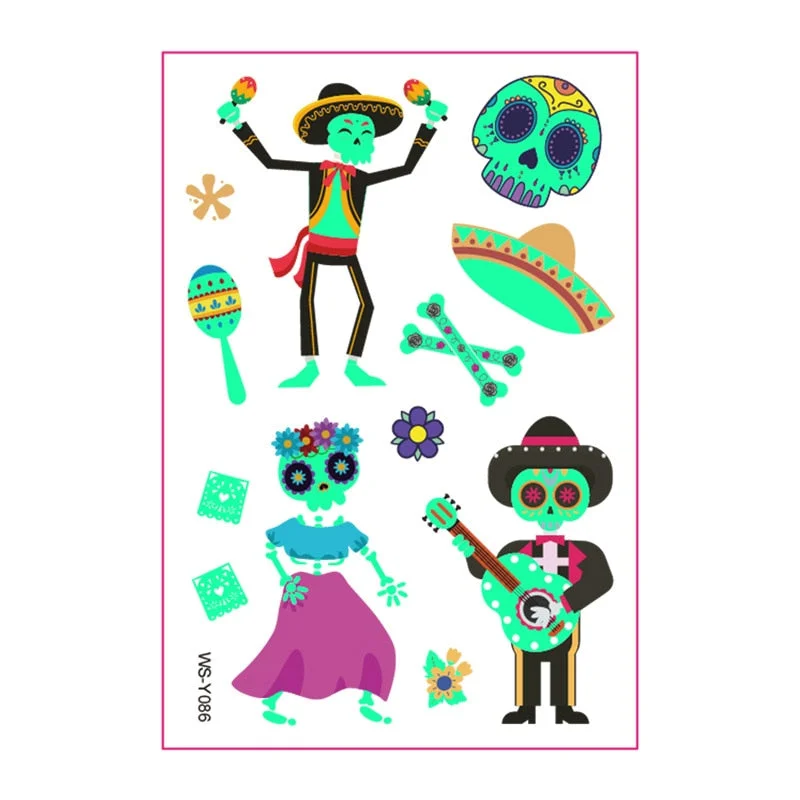 New Day of the Dead Luminous Fluorescent Tattoo Sticker Children's Cartoon Waterproof Guitar Halloween Skull Tattoo
