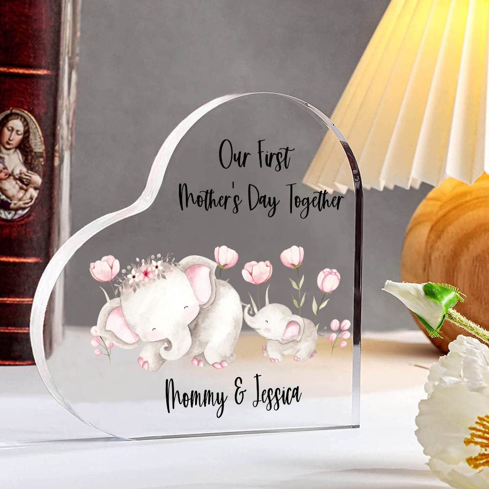 Our First Mother's Day Together - Personalised Text Acrylic Heart Keepsake Cute Elephants Ornaments-Jessemade AU