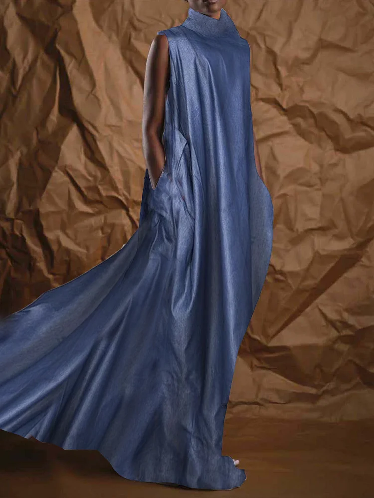 UR Vintage Plain High Neck Sleeveless Pocket Flowy Maxi Dress