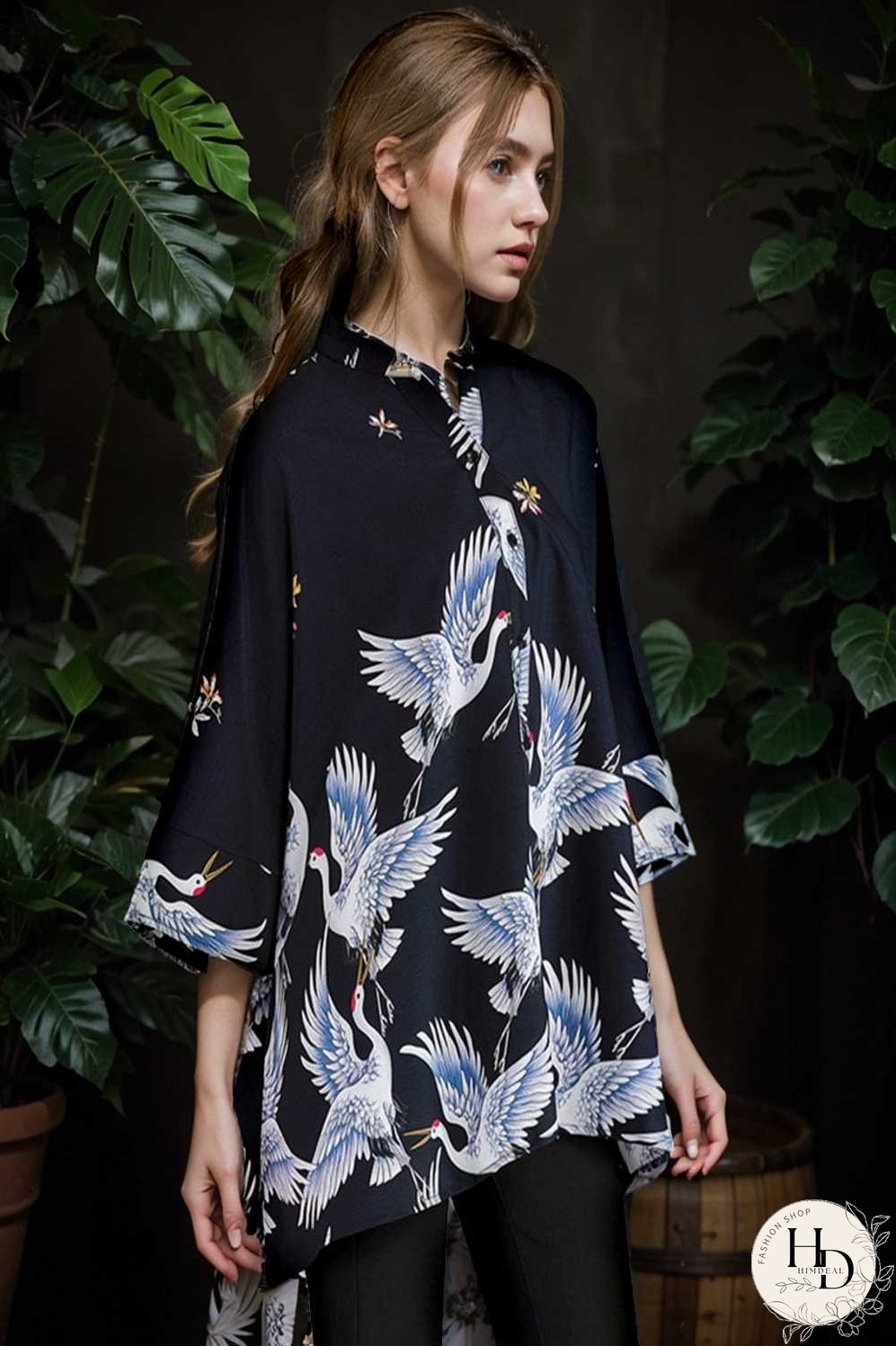 size curve blouses crane print loose oversized blouse