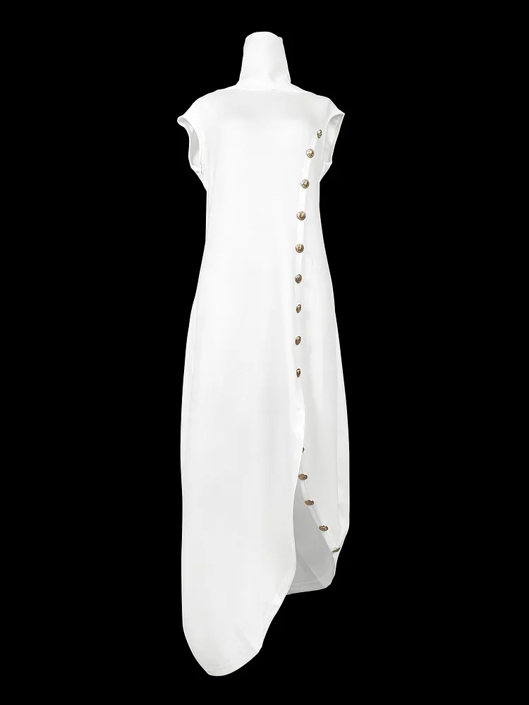 Buttoned Solid Color Split-side Sleeveless Stand Collar Shirt Dress Maxi Dresses