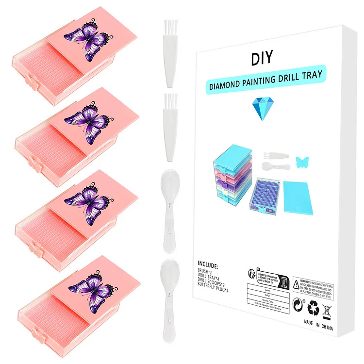 4Pcs Butterfly Diamond Painting Tray 5D DIY Drills Plate with Sppon & Brush