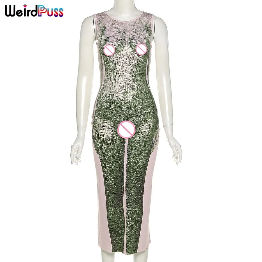 Weird Puss Sexy Aesthetic Print Long Dresses Women Summer Sleeveless Bodycon Stretchy Hipster Club Streetwear 2021 New Clothing