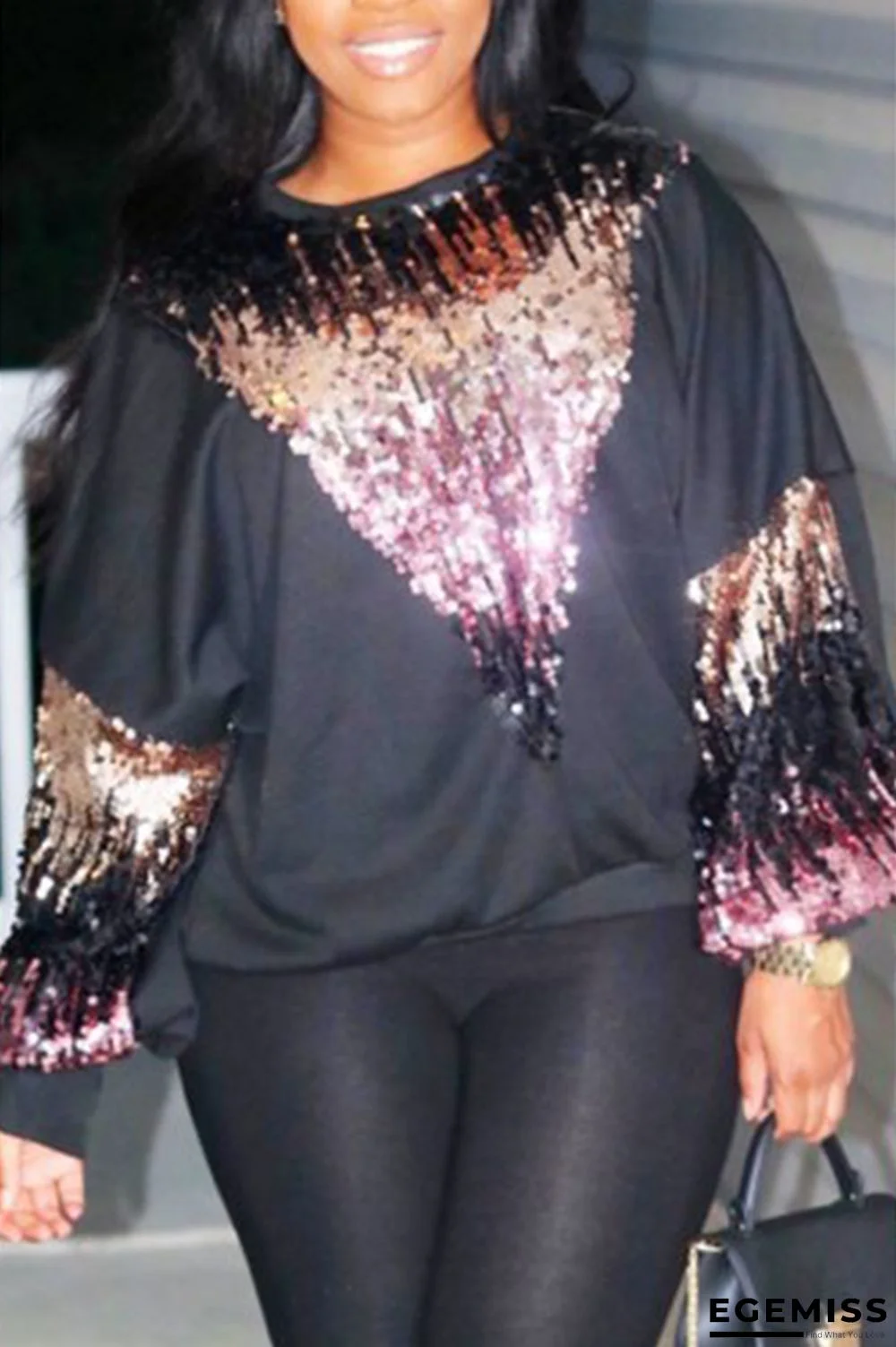 Black O Neck Long Sleeve Print Patchwork Sequin | EGEMISS