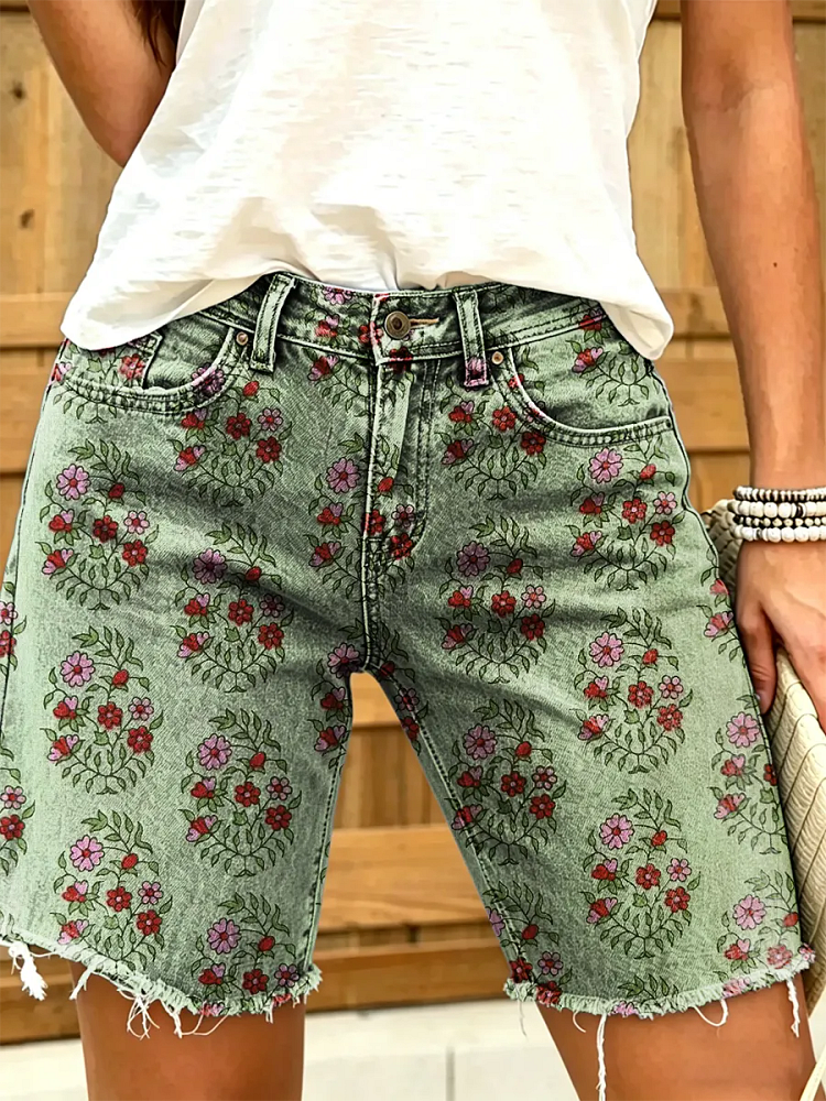 Women's Vintage Floral Print Denim Shorts