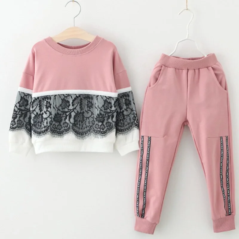 Bear Leader Girls Clothing Sets New Spring Active Girls Clothes Lace Children Clothing Cartoon Print Sweatshirts Pants Suit 3-7Y