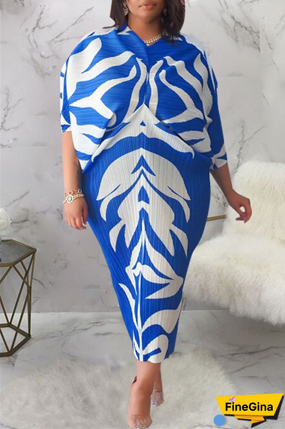 Pink Purple Casual Print Patchwork V Neck Pencil Skirt Plus Size Dresses