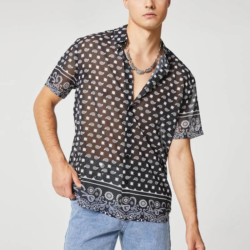 See Through Short Sleeve Streetwear Vacation Casual Hawaiian Men's Shirts-VESSFUL