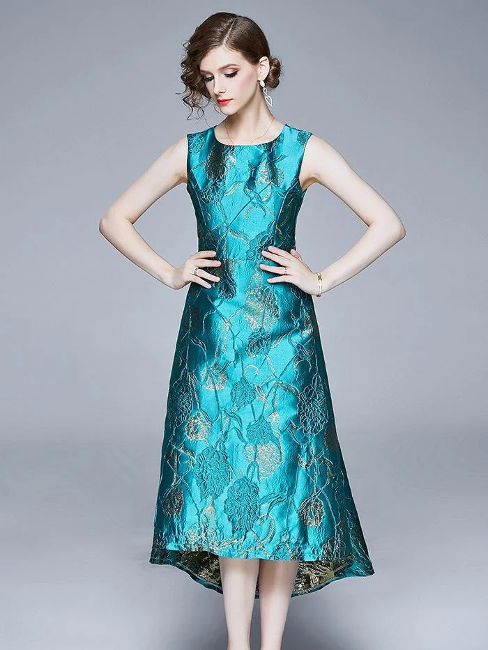 Green round neck sleeveless jacquard dovetail irregular dress